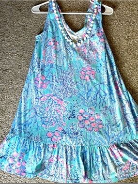 Lilly Pulitzer Light Blue Floral Mini Dress with Pink & White Accents